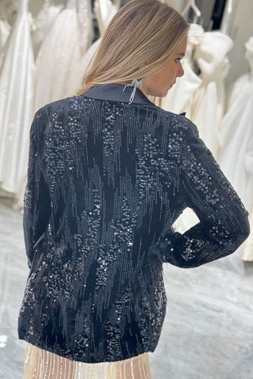 Czarna Błyszcząca Klapa Szczytowa Cekiny Damska Marynarka Z Piórami